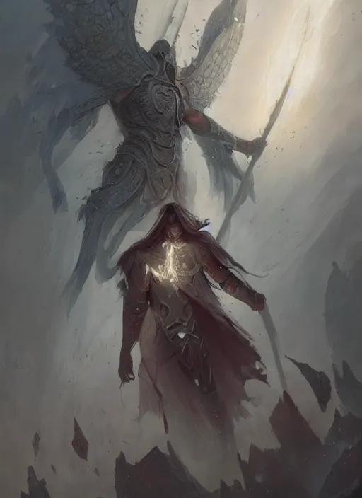 Image similar to an aasimar paladin ho is actually a fallen aasimar revealing his true nature, dim light, front game card, marvel comics, dark, intricate, highly detailed, smooth, artstation, digital illustration by ruan jia and mandy jurgens and artgerm and wayne barlowe and greg rutkowski and zdislav beksinski