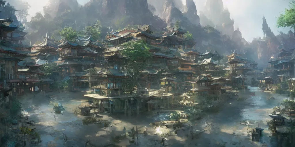 Image similar to A beautiful painting of a fantasy asian town, by Craig Mullins and Fred church, hd, wide angle lens, cinematic, very detailed, Trending on artstation.