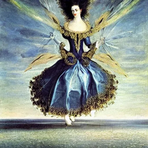 Prompt: Marie Antoinette walking on water. By El Greco, Remedios Varo, Salvador Dali, Carl Gustav Carus, John Atkinson Grimshaw.