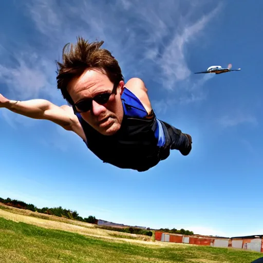 Image similar to A horizontal wide shot of ((Tom Pretty)) free falling from the sky, photorealistic, blue sky