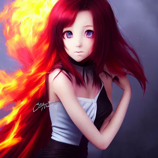 Prompt: advanced digital portrait painting photograph, a teenage anime girl wearing a dress made of fire , full body, very long black and red hair, silver eyes, full round face, intense stare, cinematic lighting, medium shot, MCU, highly detailed, trending on artstation, CSP, Photoshop, WLOP, Rossdraws, James Jean, Andrei Riabovitchev, Marc Simonetti, Anastasia Ovchinnikova and Sakimichan