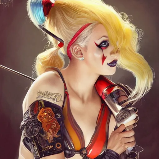 Image similar to Harley Quinn, young woman with blonde hair and two pigtails wearing a shiny latex top, face, fantasy, intricate, elegant, highly detailed, digital painting, artstation, concept art, smooth, sharp focus, illustration, art by Fernanda Suarez and Artem Demura and alphonse mucha