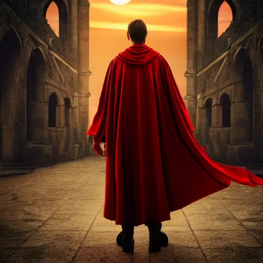 Prompt: man wearing a cloak and holding two red daggers, cinematic, sunset, medieval city background, 4 k