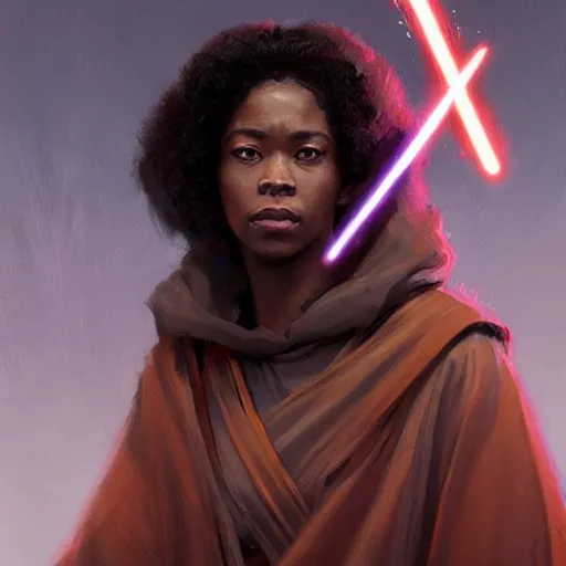 Image similar to portrait of a woman by greg rutkowski, young jedi knight, black, afro hair, prettt, star wars expanded universe, she is about 2 0 years old, wearing jedi robes, highly detailed portrait, digital painting, artstation, concept art, smooth, sharp foccus ilustration, artstation hq