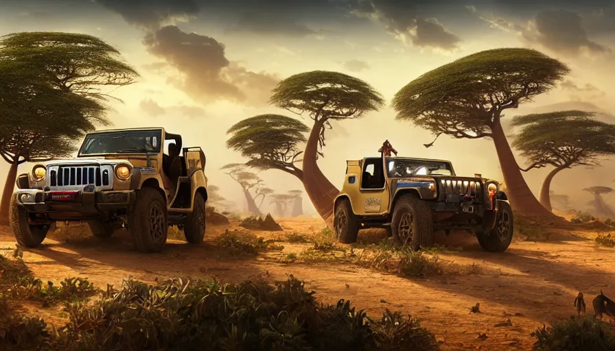 Prompt: mahindra thar driving through madagascar with baobabs trees, animals chasing, action scene, an epic fantasy, artgerm and greg rutkowski and alphonse mucha, an epic fantasy, volumetric light, detailed, establishing shot, an epic fantasy, cinematic, photorealistic, ultrarealistic, trending on art station, octane render, midsommar