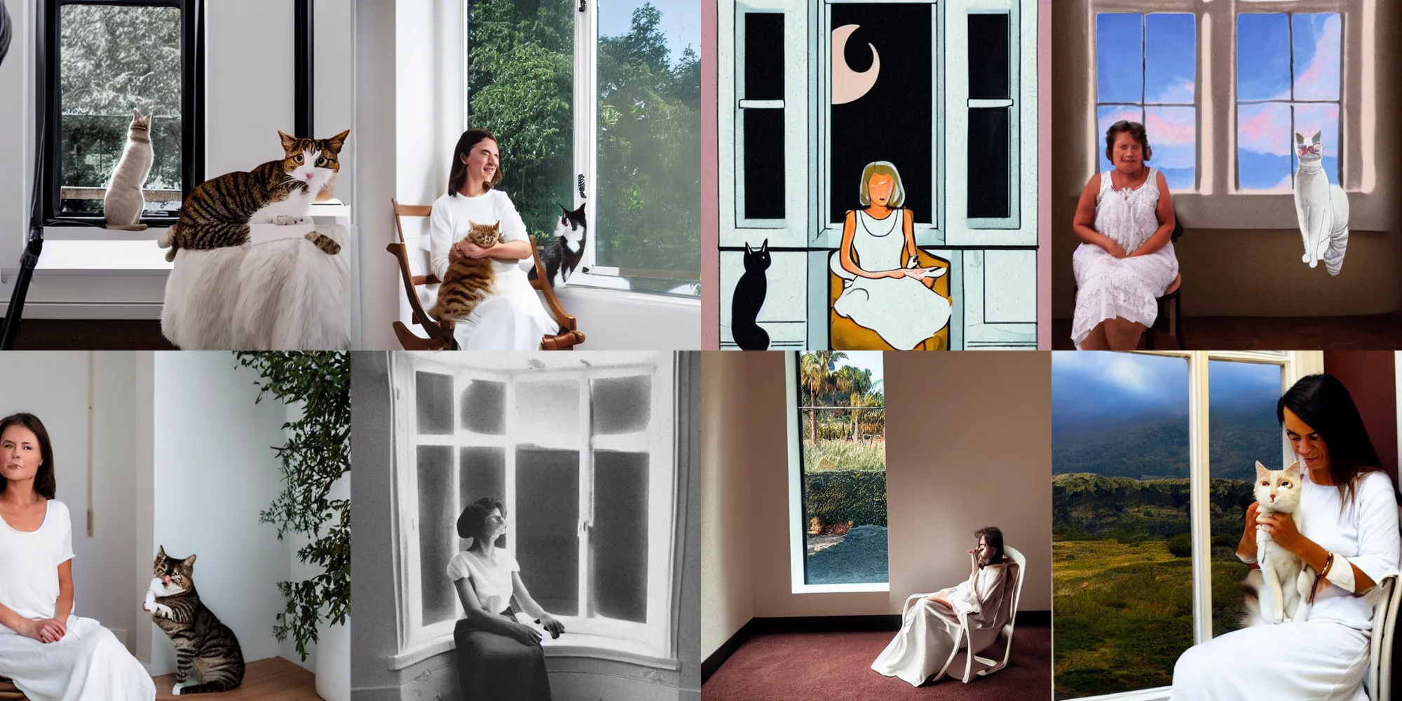 Prompt: a woman in a white dress sitting on chair with a cat on her lap in a white room in vanice, there is a window to lava