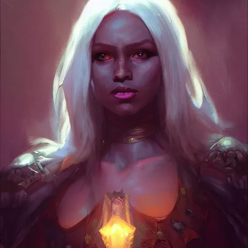 Prompt: closeup portrait of drow, dungeons and dragons character, dramatic lighting, castle background, gorgeous view, realistic, high detail, digital art, painted by greg rutkowski, painted by jeremy mann, painted by alphonse mucha, trending on artstation