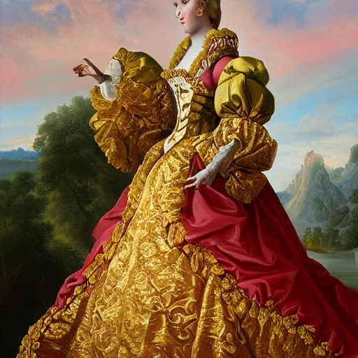 Prompt: the royal king's caw by greg hildebrant fancy rococo baroque regal oil painting high quality award winning clothed in fancy garb