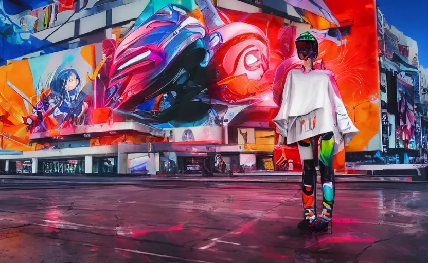 Image similar to billboard advertisement with an extremely beautiful photo of a white marble statue of an anime girl with colorful motocross logos and motorcycle helmet with closed visor, colorful smoke in the background, carved marble statue, fine art, neon genesis evangelion, virgil abloh, offwhite, denoise, highly detailed, 8 k, hyperreal