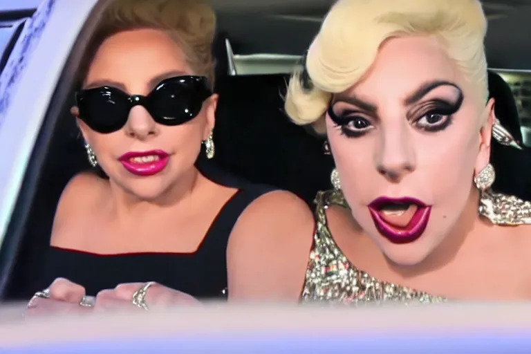 Image similar to lady gaga and judy garland in carpool karaoke, trending on youtube, highly realistic, highly detailed, high resolution, 8 k 4 k,