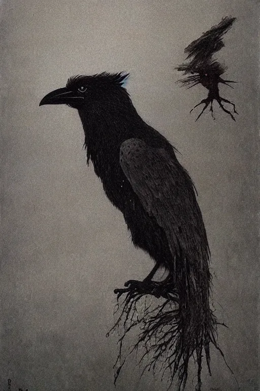 Image similar to crow with mohawk painted by beksinski