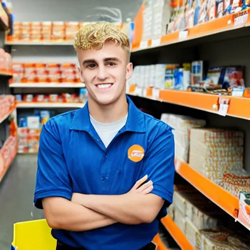 Prompt: A news photograph of Jake Paul working at a hardware store, stocking shelves, orange uniform, fake smile