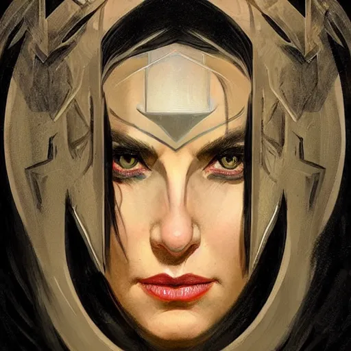 Prompt: ''face portrait of hela from norse mythology, black shadows, greece, fantasy, dungeons and dragons, d & d, digital painting, artstation, concept art, sharp focus, illustration, art by greg rutkowski and alphonse mucha''