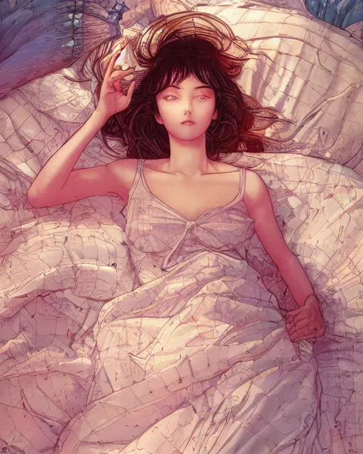 Image similar to a girl waking up in the morning, full shot, visible face, ambient lighting, detailed, art by ayami kojima, makoto shinkai, kilian eng