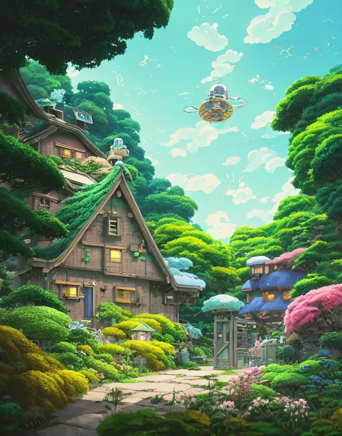 Prompt: STUDIO GHIBLI, flowery cottage,in a flying city, solar, green technology, optimist future by Asher Durand. intricate artwork by Tooth Wu and wlop and beeple and dan mumford and greg rutkowski and nekroxiii. halo. octane render, cinematic, hyper realism, octane render, 8k, depth of field, bokeh. iridescent accents. vibrant.