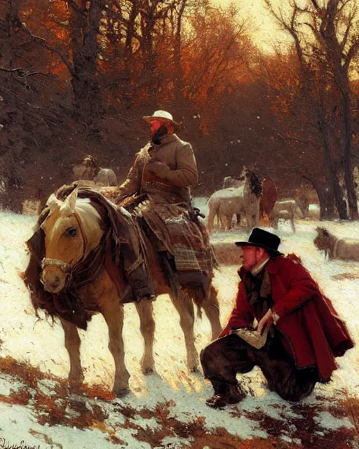 Image similar to handsome men reminisce about the end of autumn in a snow covered pasture, warm colors, hard angles, painting by gaston bussiere, craig mullins, j. c. leyendecker