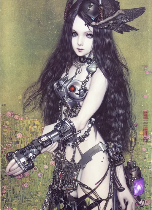 Prompt: portrait of cute beautiful young gothic maiden, cyberpunk, Warhammer, highly detailed, artstation, illustration, art by Gustav Klimt and Range Murata and Katsuya Terada