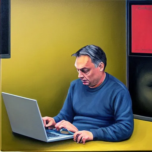 Prompt: viktor orban computer programming in a cubicle, oil painting