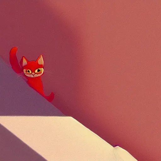 Image similar to red cat walking down the stairs, wide shot, smooth, cosy atmosphere, trending on deviantart, outdoor, daytime, long shadow, warm colors, artstation, concept art, sharp focus, illustration, masterpiece, gibli style