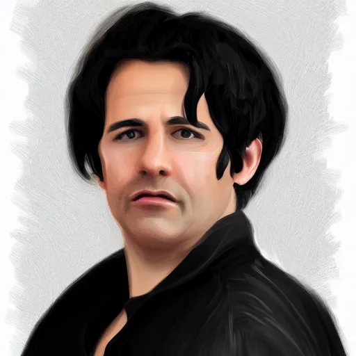 Prompt: a digital portrait of a 45 year old with black hair,hazel green eyes, drawn in the style of mark Arian
