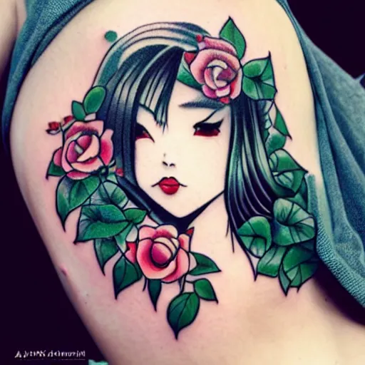 Image similar to tattoo design, stencil, beautiful japanese girls face, roses and ivy surrounding by artgerm, artgerm, cat girl, anime