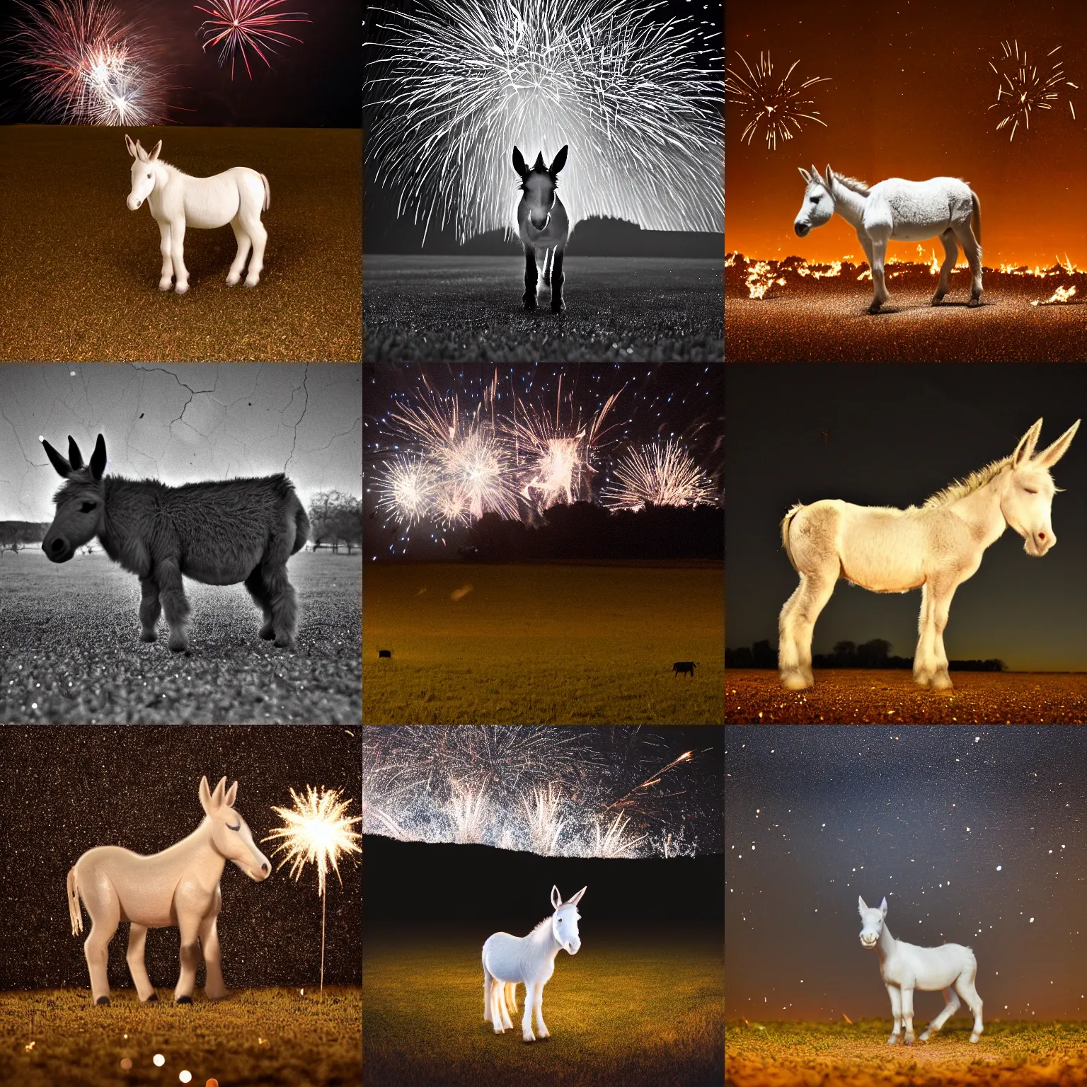 Prompt: a small tiny pale donkey stands centered in the midground in a empty field in the darkness at night. in the background, fireworks expldoing in the night sky raining down embers and sparks and brightly burning pieces falling from the sky. more sparks and embers embers raining from night sky. color photography. Flash photo. Cursed image. JPEG artifacts. noisy image. found footage. nikon coolpix