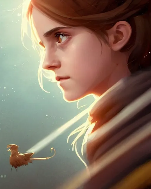 Image similar to Emma Watson as Hermione Granger, magnificent, medium shot, close up, details, sharp focus, elegant, highly detailed, illustration, by Jordan Grimmer and greg rutkowski and PiNe(パイネ) and 薯子Imoko and 香川悠作 and wlop!!!! and maya takamura, intricate, beautiful, Trending artstation, pixiv, digital Art