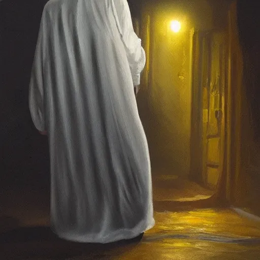 Prompt: ominous urine stained bedsheet ghost standing in front of a cars headlights late at night, oil painting, brush strokes, highly ornate intricate detail, gloomy mood,