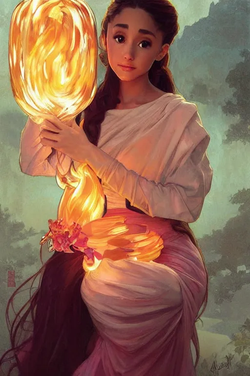 Image similar to beautiful cottagecore Ariana Grande holding a nuclear glowing colored vase. intricate, elegant. highly detailed, digital painting, artstation, concept art, smooth, sharp, focus, illustration. . art by artgerm and greg rutkowski and alphonse mucha