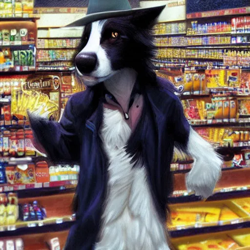 Prompt: wide angle beautiful full body portrait of a cute male anthropomorphic anthro border collie fursona wearing cowboy outfit in a grocery store, character design by charlie bowater, henry asencio, and ross tran, furry art, furaffinity, beautiful, glamor pose, detailed, aesthetic, trending on artstation