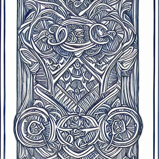 Image similar to single line drawing of an intricate carved woodwork, blue ink pen