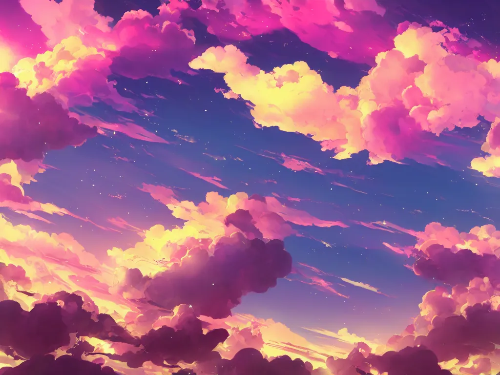 Image similar to pink and yellow anime sky clouds, fantasy, artwork, aesthetic, calming, very beautiful scenery, hd, hdr, ue5, ue6, unreal engine 5, cinematic, 4k wallpaper, 8k ultra,