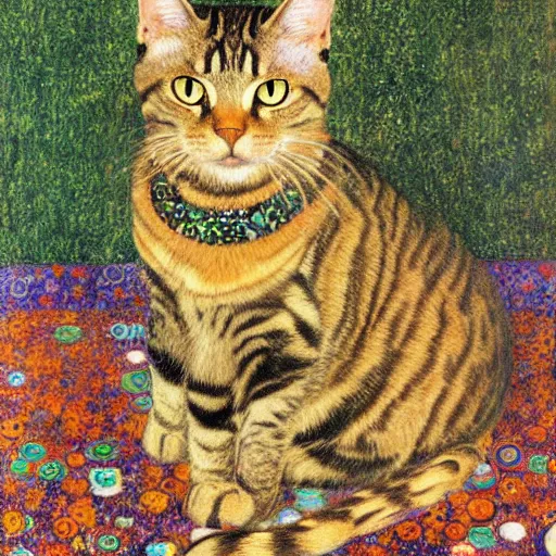 Prompt: portrait of a dark tabby cat with green eyes, intricate, elegant, highly detailed, smooth, sharp focus, illustration, art by gustav klimt