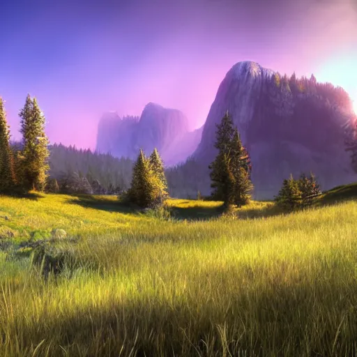 Prompt: magical landscape with a meadow in the foreground, a forest in the background and a mountain on the horizon, realistic, detailed, cinematic light, art by unreal engine 5 art