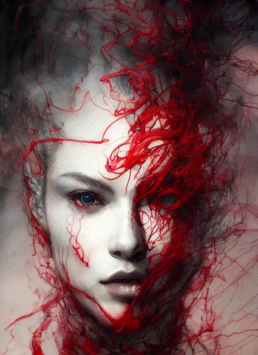 Image similar to portrait, The red thread of fate that binds every soul on earth, watercolor, dramatic lighting, cinematic, establishing shot, extremely high detail, foto realistic, cinematic lighting, pen and ink, intricate line drawings, by Yoshitaka Amano, Ruan Jia, Kentaro Miura, Artgerm, post processed, concept art, artstation, matte painting, style by eddie mendoza, raphael lacoste, alex ross