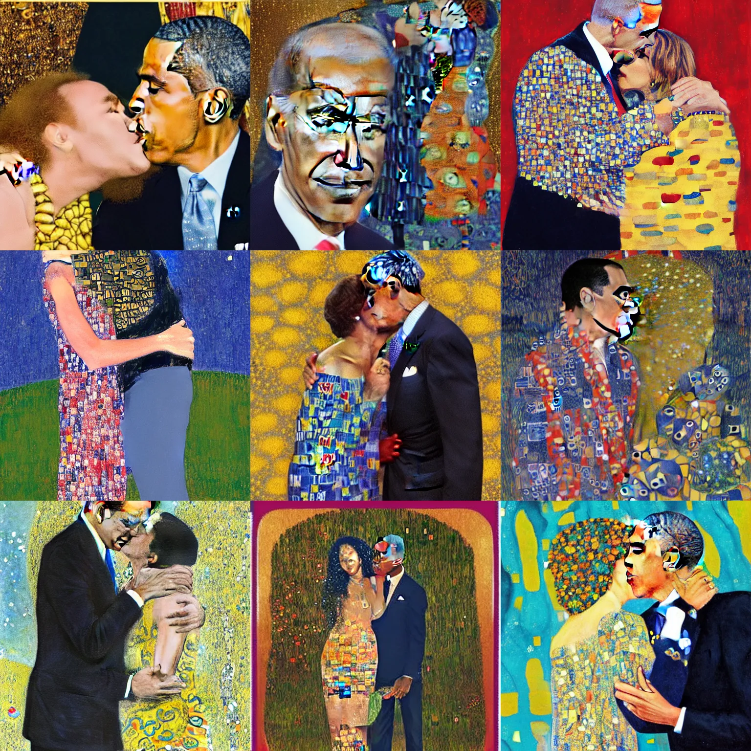 Image similar to Joe Biden kissing Barack Obama in the style of Gustav Klimt