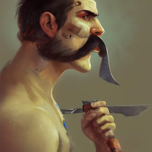 Image similar to portrait old vice barbarian warrior with trucker mustache and short hair, 8 k, trending on art station, by tooth wu and greg rutkowski