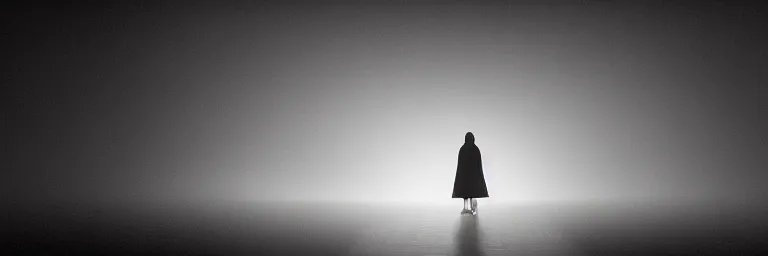 Image similar to dim lights shining through dark fog, emptiness, centered silhouette of a girl standing small, dress, spooky found footage, dramatic contrast, vast empty hall, trending on artstation