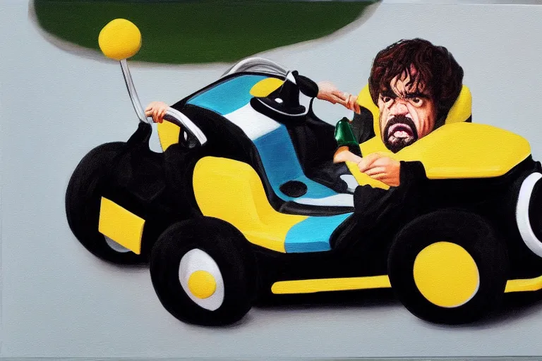 Image similar to black velvet painting of peter dinklage driving a little tikes crazy coupe