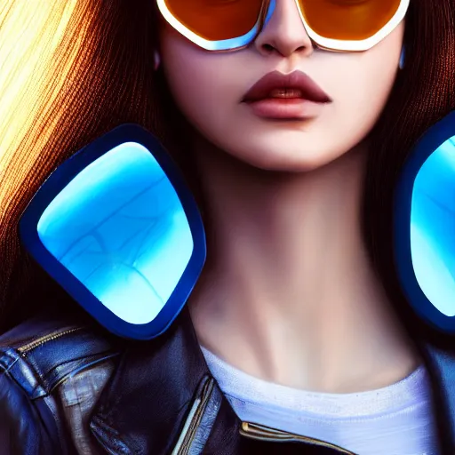 Image similar to closeup painting of a very beautiful young mexican cyberpunk woman with a smirk, wearing light blue shutter shades and a dark brown leather jacket, one side haircut, long brown hair with light blue ends, portrait, hyperdetailed, artstation, cgsociety, 8 k, synthwave by tangerine dream