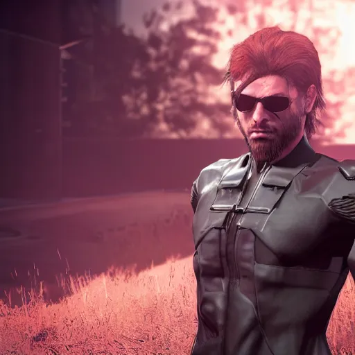 Image similar to 4K HD, unreal engine, metal gear, octane render : (subject= Sundowner from Metal Gear video game + subject detail= man wearing a pink dress, male body proportions)