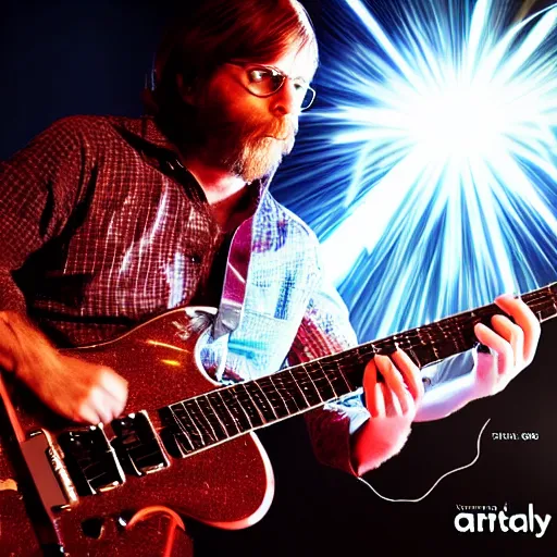 Prompt: a Trey Anastasio guitarist playing so intensely there is electricity shooting out from his guitar, energy beams under his finger tips, and magic sparkles from the freboard, amazing ditial art, trending on artstation, featured on deviantart