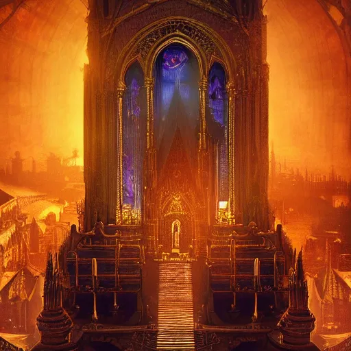 Prompt: an ultra detailed tarot card of the throne of the evil patriarch up incredibly high looking down into the cathedral, incense smoke drifting through the air, artstation, volumetric lighting, exquisite detail, octane render, 8 k postprocessing, art by john collier and albert aublet