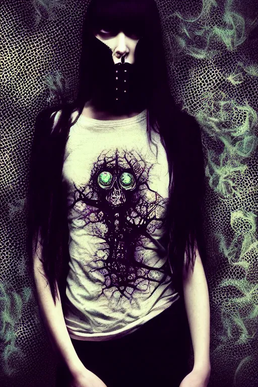 Image similar to Gothic girl smoking, fractal t-shirt with holes, dark background. digital art. amazing quality. perfect lighting. Professional design. Great composition. by Ayami Kojima and Tomoyuki Yamasaki and H.P. Lovecraft, octane render, award winning art. impressive colors. trending on artstation. Conrad Roset style