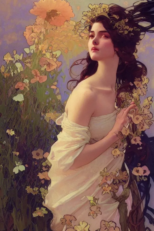 Prompt: close - up fashion woman portrait airy flowers clouds by alphonse mucha greg rutkowski craig mullins