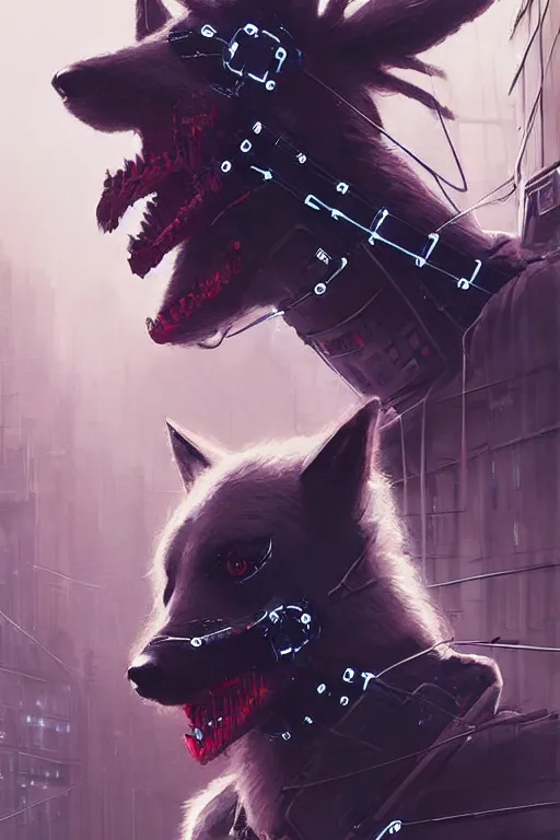 Image similar to new york city portrait of furry anthro anthropomorphic border collie head animal person fursona wearing clothes strange cybernetic augmentations cyber muzzle gloomy rainy cyberpunk digital art by Greg Rutkowski, Simon Stalenhag, trending on Artstation, CGSociety