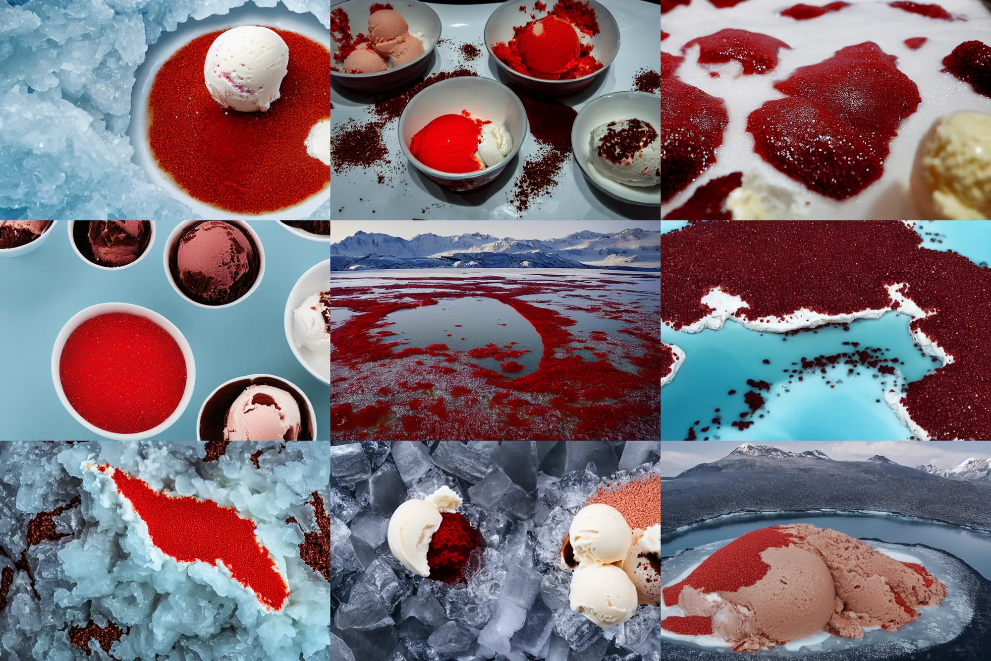 Prompt: a large island of red caviar and ice cream and brown water in the center, mountains of ice cream