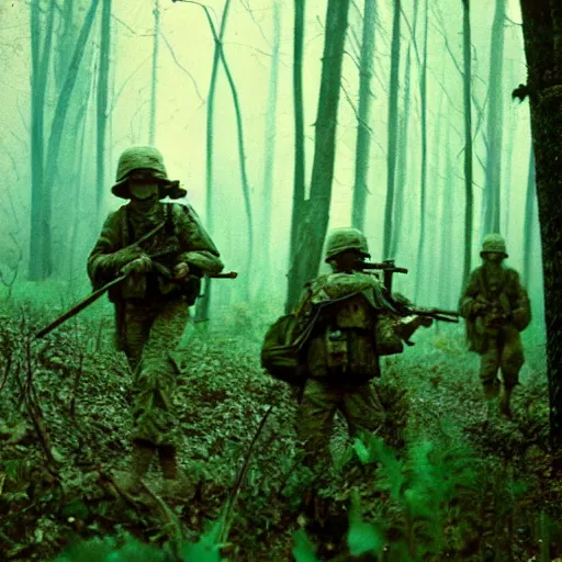 Image similar to wide shot, a squad of American Soldiers patrolling deep in the thick, forest, painting, colored, eerie, ominous, Lovecraftian, eldritch horror, 1969