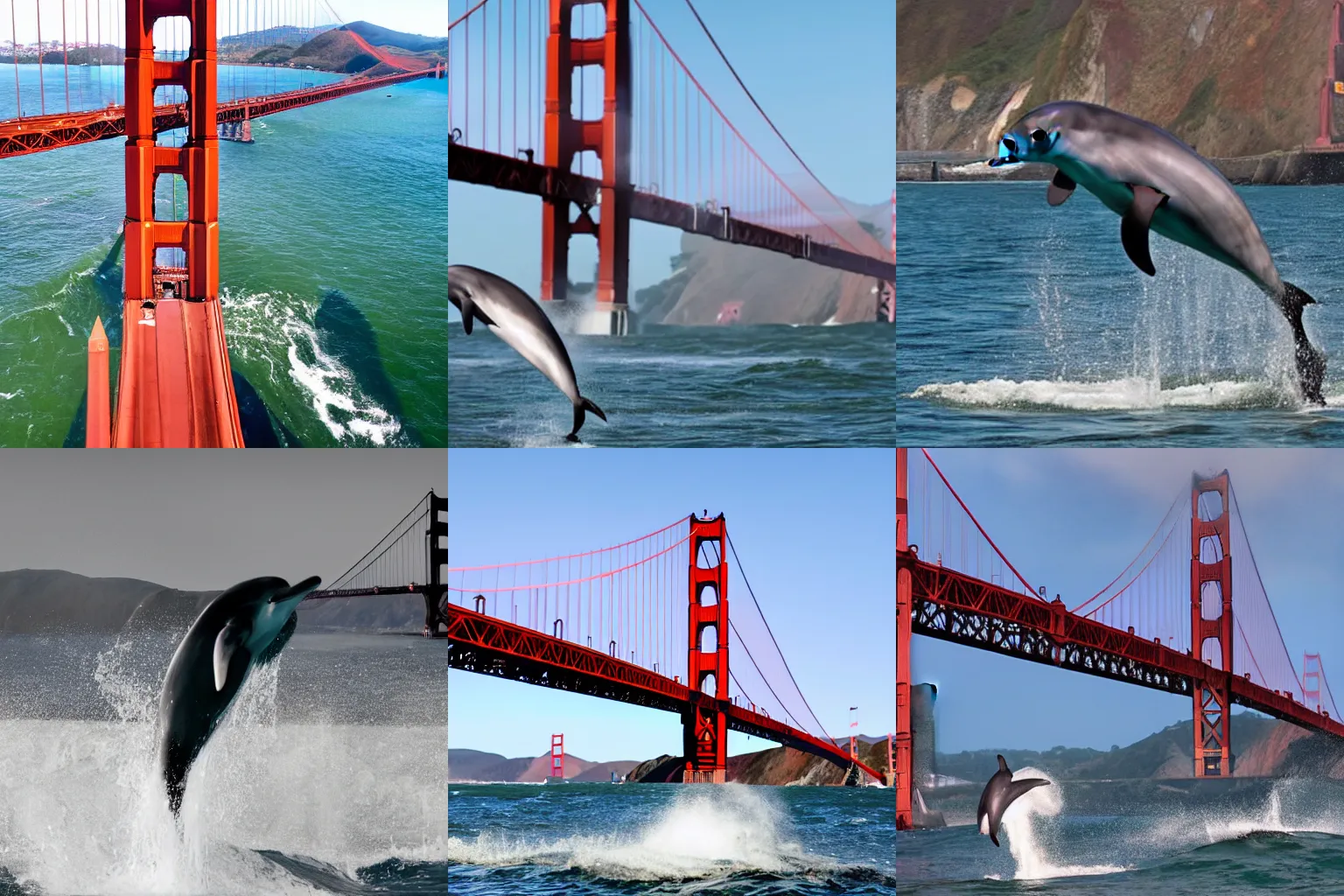 Prompt: A dolphin jumping over the Golden Gate Bridge