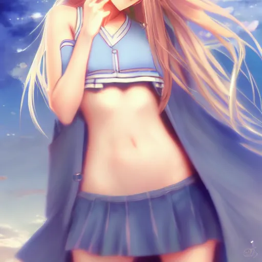 Image similar to a very beautiful anime cute girl, full body, long wavy blond hair, sky blue eyes, full round face, short smile, tight top, miniskirt, front view, medium shot, mid-shot, highly detailed, cinematic wallpaper by Stanley Artgerm Lau